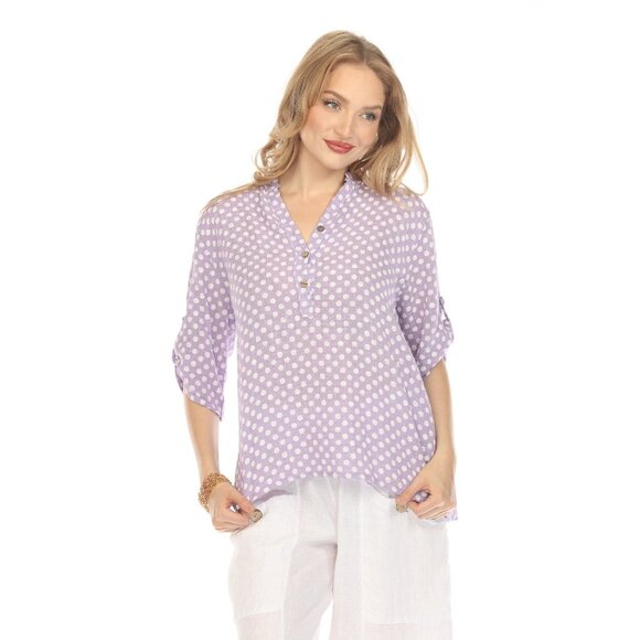 Purple Polka Dot Quarter Sleeves Button Top - Picture 1 of 4